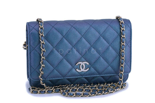 NIB 19S Chanel Iridescent Blue Caviar Classic Wallet on Chain Pearly CC WOC Bag - Boutique Patina