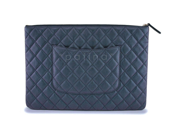 NIB 19S Chanel Iridescent Black Pearly CC Caviar Large O Case Clutch Bag - Boutique Patina