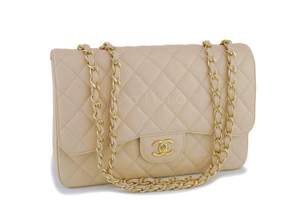 Chanel Beige Caviar Jumbo Classic Flap Bag GHW - Boutique Patina