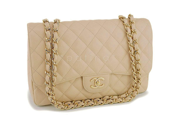 Chanel Beige Clair Caviar Jumbo Classic Flap Bag GHW - Boutique Patina