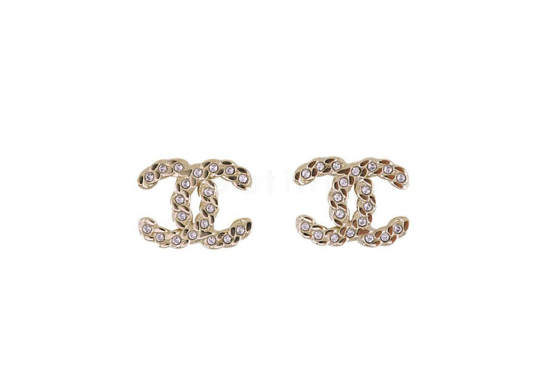 CHANEL NEW CC Heart Faux Pearl Gold Crystal Evening Stud Earrings
