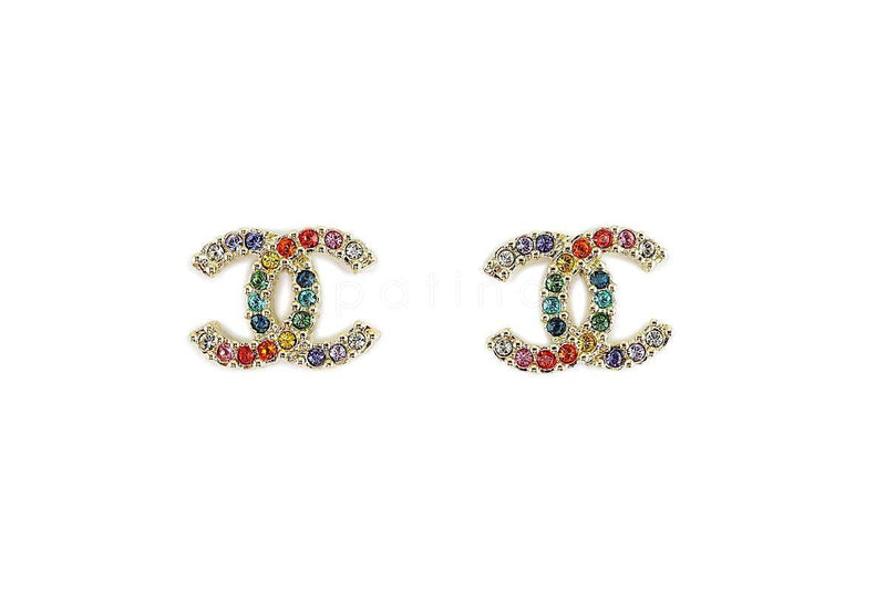 NIB 19S Chanel Rainbow Multicolor Crystal Classic CC Stud Earrings