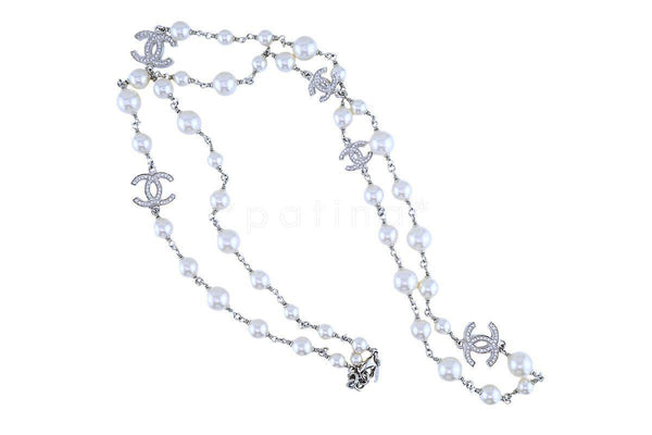 Chanel Timeless Classic 42 5 Crystal CC Pearl Long Necklace SHW