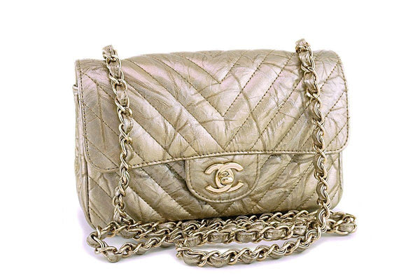 Chanel 18S Gold Crumpled Calf Patent Chevron Rectangular Mini Classic Flap Bag GHW - Boutique Patina