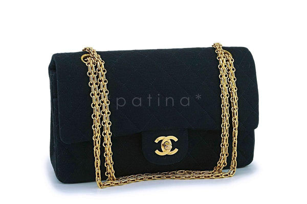 Chanel Vintage Black Jersey Canvas Medium Classic Double Flap Bag 24k GHW - Boutique Patina