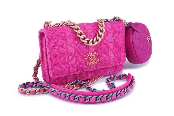 NIB 19K Chanel 19 Fuchsia Pink Tweed Wallet on Chain WOC Flap Bag - Boutique Patina