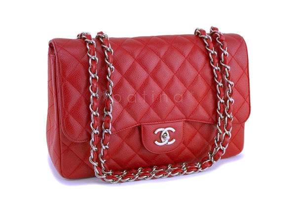 Rare 10C Chanel Red Caviar Jumbo Classic Flap Bag SHW - Boutique Patina