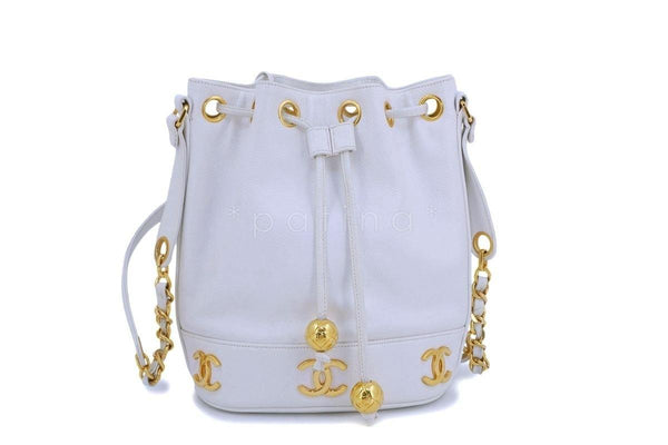 Chanel Vintage White Caviar Small Drawstring Tote Bag 24k GHW - Boutique Patina