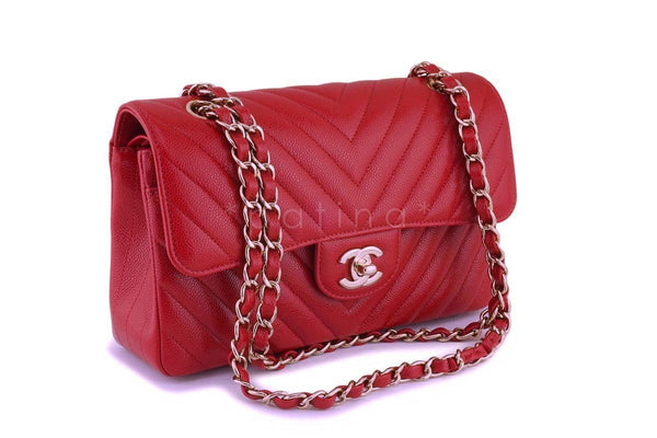 New 20B Chanel Red Caviar Chevron Small Classic Double Flap Bag GHW - Boutique Patina