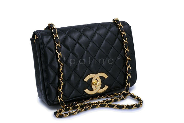 Rare Chanel Vintage Black Lambskin Full Flap Crossbody Bag 24k GHW - Boutique Patina