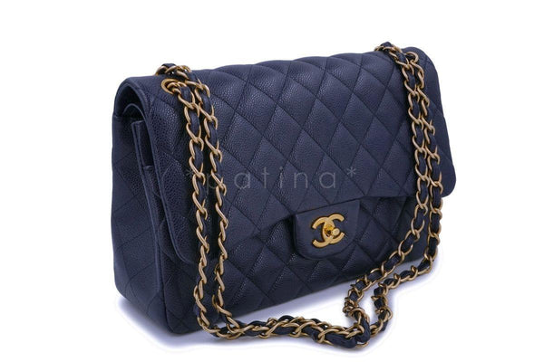 Chanel Navy Blue Caviar Jumbo Classic Double Flap Bag GHW - Boutique Patina
