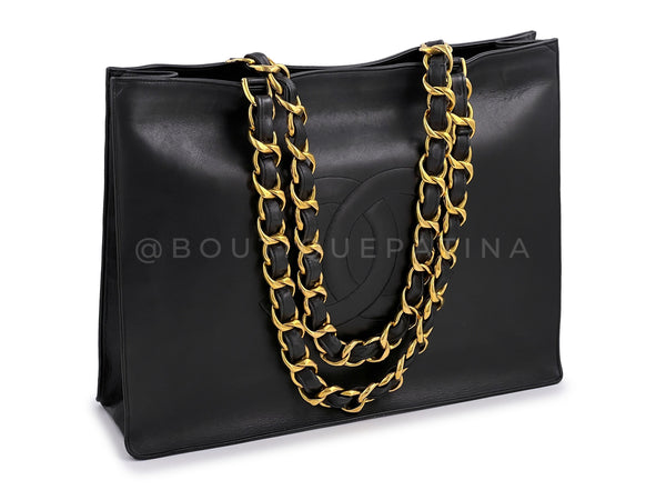 Pristine Chanel 1996 Vintage Black Shopper Tote Bag Chunky Chain 24k GHW Calfskin - Boutique Patina