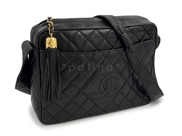 Chanel 1992 Vintage Black Large Camera Case Messenger Bag 24k Lambskin - Boutique Patina