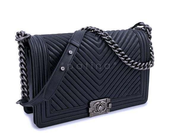 Chanel Black Herringbone Chevron New Medium Boy Bag RHW - Boutique Patina