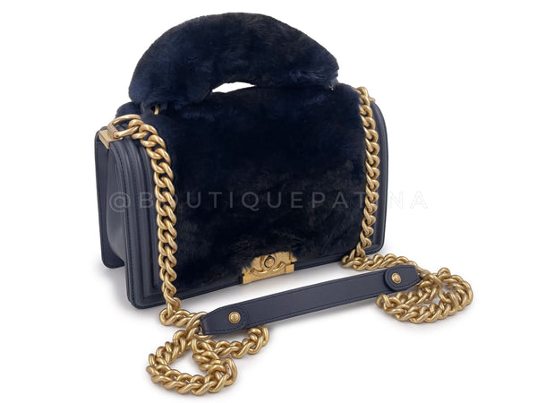 Chanel Fur Boy Handle Flap Bag Blue Black Medium GHW - Boutique Patina