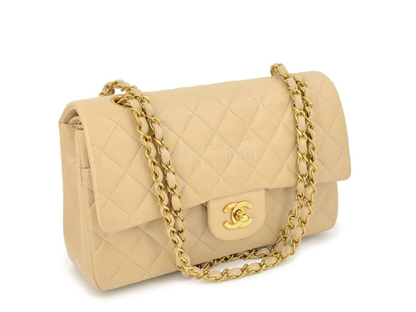 Chanel Vintage 1994 Beige Lambskin Medium Classic Double Flap Bag 24k GHW - Boutique Patina