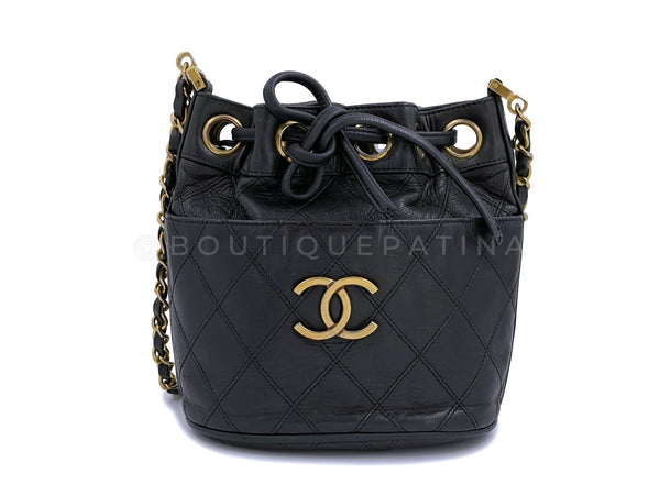 Rare Chanel Vintage 1987 Miniature Drawstring Mini Bucket Bag 24k GHW Black - Boutique Patina