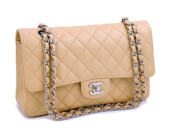 Chanel Light Beige Caviar Medium Classic Double Flap. Bag SHW - Boutique Patina