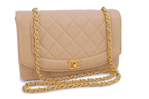 Chanel 1991 Vintage "Milk Tea" Beige Diana Flap Bag 24k GHW Collector's Set - Boutique Patina