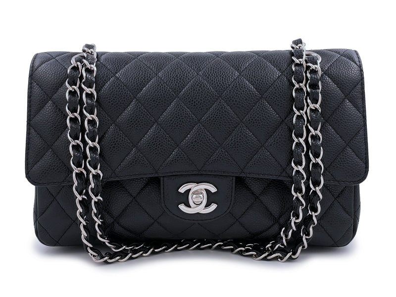 CHANEL Classic Double Flap Medium Black Caviar Leather Bag Silver