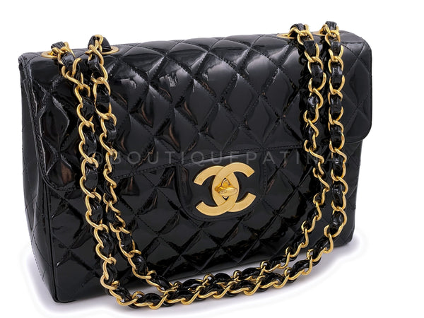 Chanel 1994 Vintage Black Patent Jumbo Classic Flap Bag 24k GHW - Boutique Patina