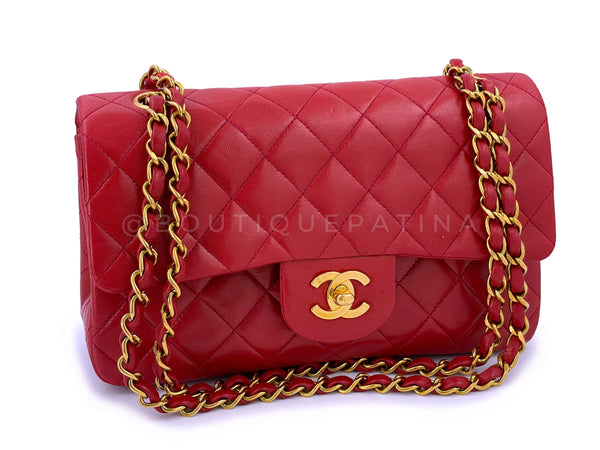 Chanel 1995 Vintage Red Small Classic Double Flap Bag 24k GHW Lambskin - Boutique Patina