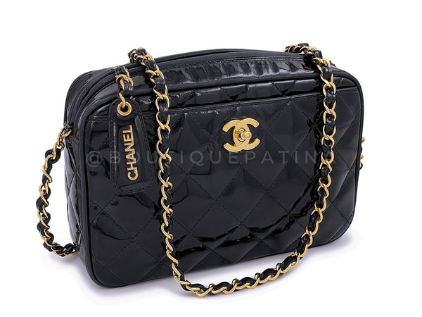 Chanel Vintage Black Small Classic Camera Case Bag CC Turnlock Patent 24k GHW - Boutique Patina