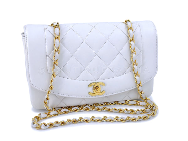 Rare Chanel 1993 Vintage White Small Diana Flap Bag 24k GHW Lambskin - Boutique Patina