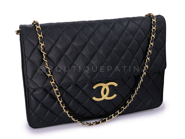 Rare Chanel Vintage Black XXL Classic Flap Clutch Bag 24k GHW Lambskin - Boutique Patina