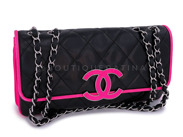 Chanel Electric Neon Pink & Black Large CC Logo Quilted Flap Bag - Boutique Patina