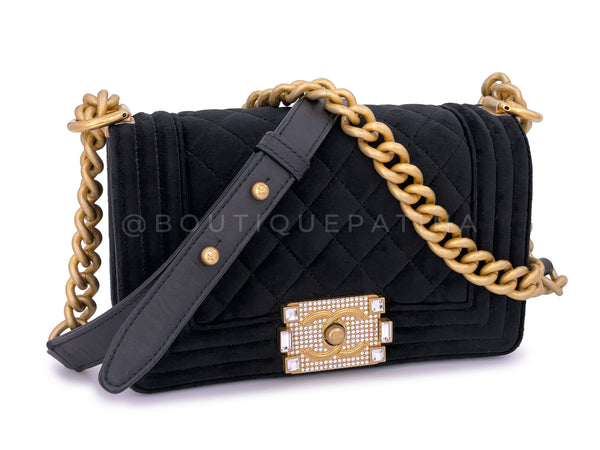 Chanel Small Boy Flap Bag Black Velvet Emerald-Cut Crystal Clasp GHW - Boutique Patina