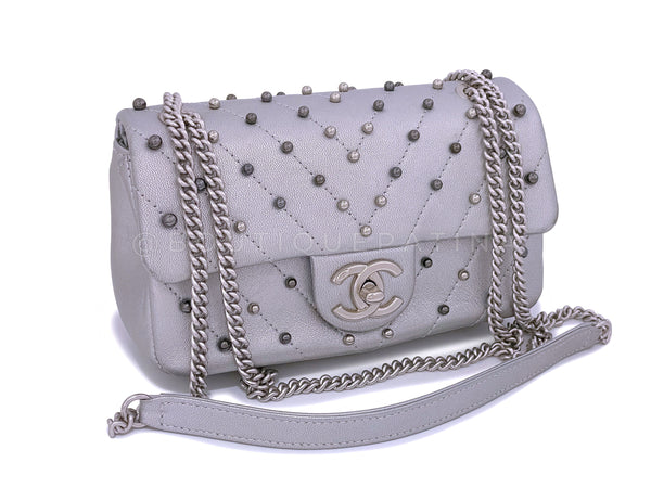 Chanel Silver Chevron Pearl Lambskin Rectangular Mini Flap Bag SHW - Boutique Patina
