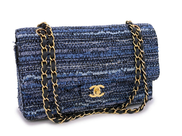 Chanel Vintage Blue Tweed Medium Classic Double Flap Bag 24k GHW - Boutique Patina