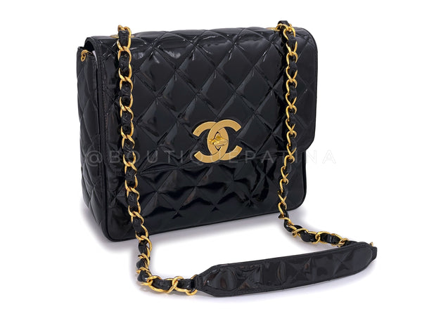 Chanel 1994 Vintage Black Patent Tall Classic Flap Bag Crossbody 24k GHW - Boutique Patina
