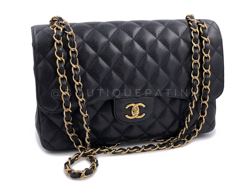 Authentic Chanel Caviar Jumbo Leather Woman Black Flap Bag