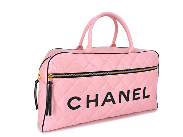 Chanel 1995 Vintage Pink XL Large Duffle Bowler Lettered Logo Bag - Boutique Patina