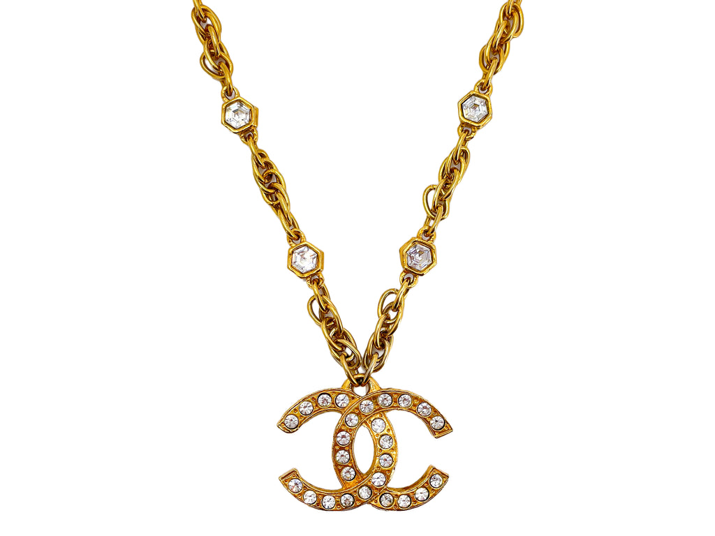 CHANEL, Jewelry, Chanel Gold Metal Chain Necklace Cc Logo Pendant With  Crystals