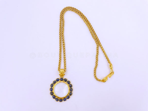 Chanel Vintage 95A Blue Stone Magnifying Glass Pendant Long Chain Necklace - Boutique Patina