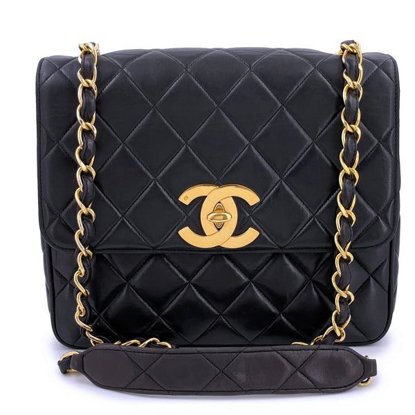 Chanel Black Leather Gold Hardware Square Flap Bag vintage For Sale at  1stDibs