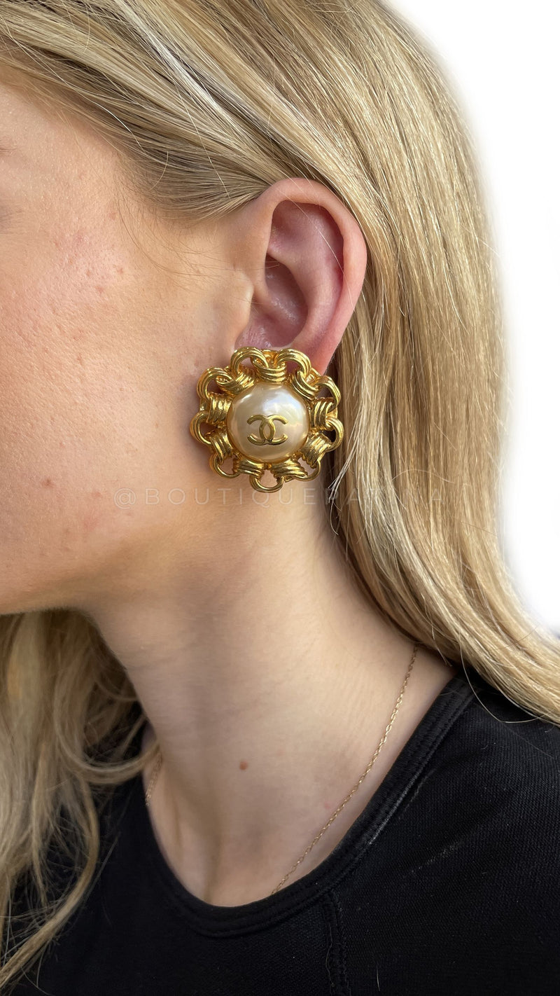 Gold Metal and Imitation Pearl CC Florentine Baroque Earrings, 1993