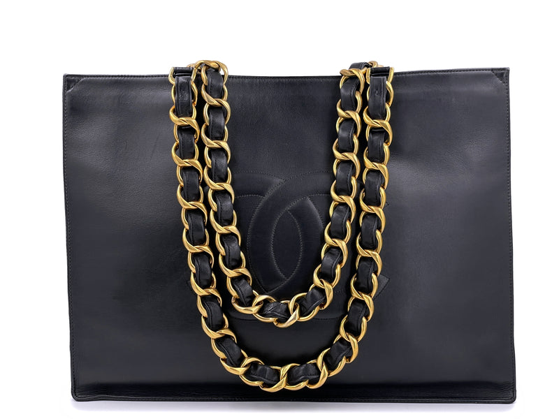 Chanel 1995 Vintage Black Chunky Chain Shopper Tote Bag Calfskin