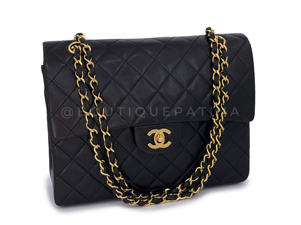 Chanel 1987 Vintage Black Tall Medium Classic Double Flap Bag 24k GHW Lambskin - Boutique Patina