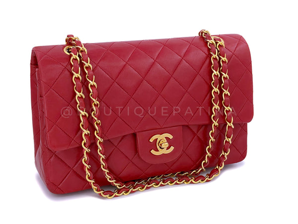 Chanel 1989 Vintage Red Medium Classic Flap Bag 24k GHW Lambskin - Boutique Patina