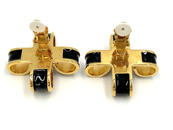 Chanel Vintage 1980s Black, Gold and Pearl Ribbon Cross Large Stud Earrings - Boutique Patina
