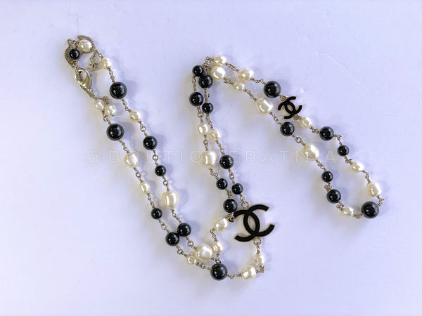 Chanel 14B Gold Black Enamel and Pearl Long Station Necklace - Boutique Patina
