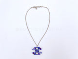 Chanel 18P Blue Crystal Embedded Resin CC Logo Pendant Necklace Silver - Boutique Patina