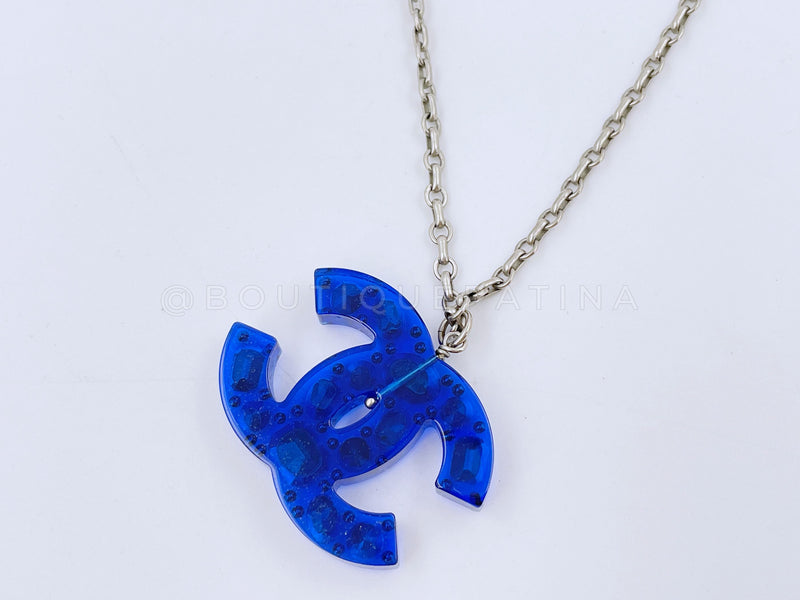 Chanel 18P Blue Crystal Embedded Resin CC Logo Pendant Necklace Silver - Boutique Patina