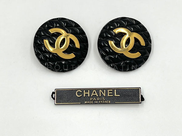 Chanel Vintage 1980s Large Black Quilted Logo Button Giant Stud Earrings - Boutique Patina