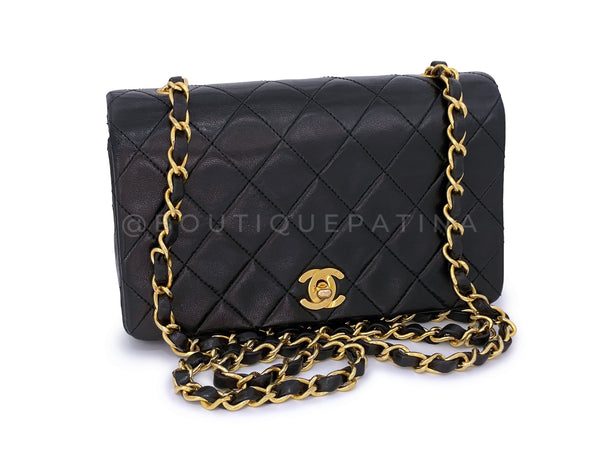 Chanel 1991 Vintage Black Quilted Small Full Flap Bag 24k GHW Lambskin - Boutique Patina