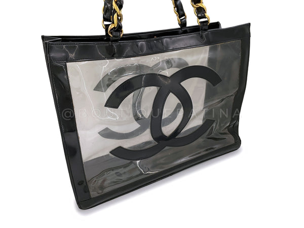 Chanel Vintage Clear Black Patent PVC Chunky Chain Tote Bag 24k GHW - Boutique Patina